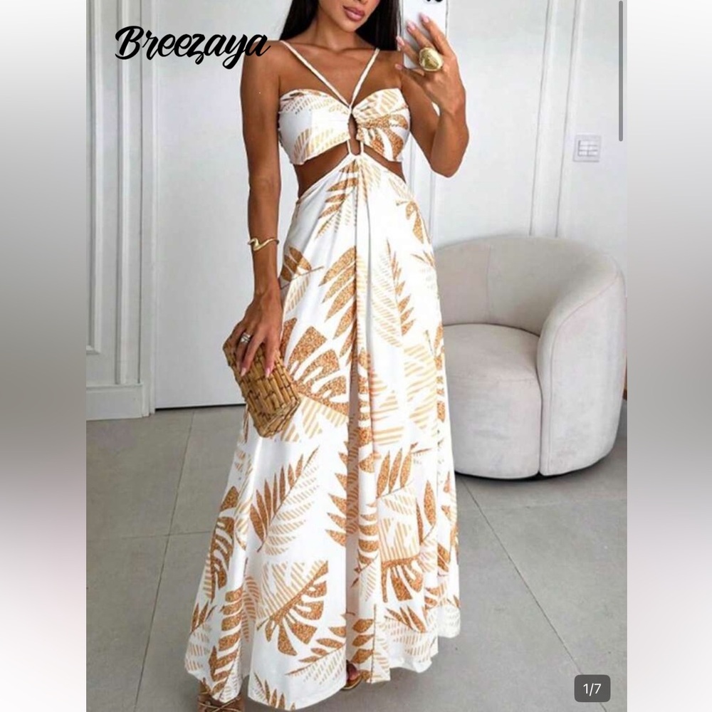 White Maxi Skirt with Gold Leaf Print
